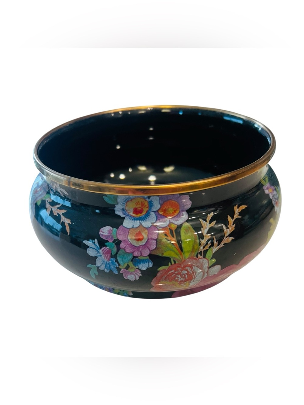 MacKenzie-Childs Black Flower Market Squashed Pot Bowl Gold Rim Floral No Lid